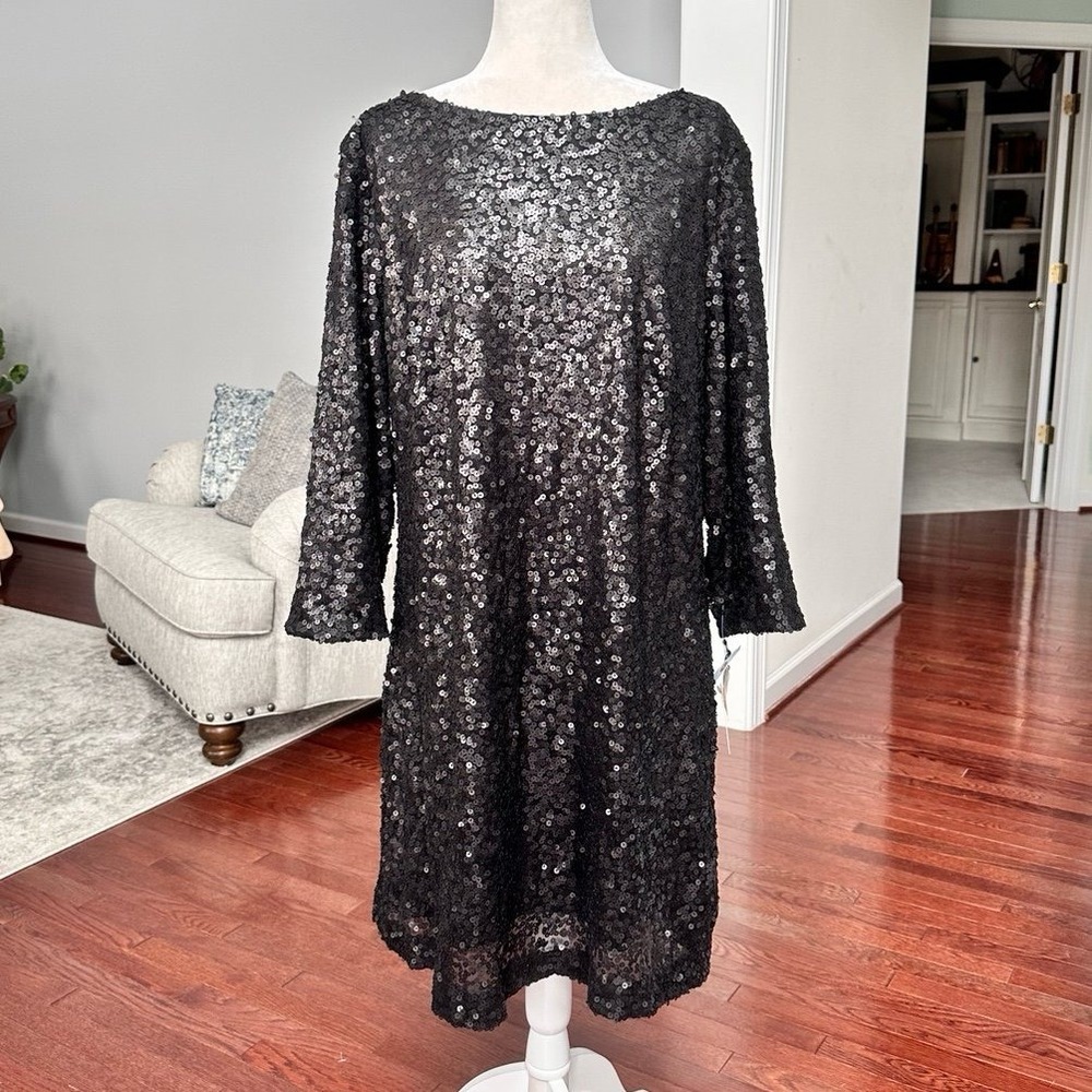 Jessica Simpson Black Fully Sequin Scoop Open Back Long Sleeve Cocktail Dress